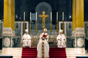 The Homily: Bishop-Elect David Waller (front) facing Cardinal Fernandez (centre) with Bishop Steven Lopes (left) and Cardinal Nichols (right)