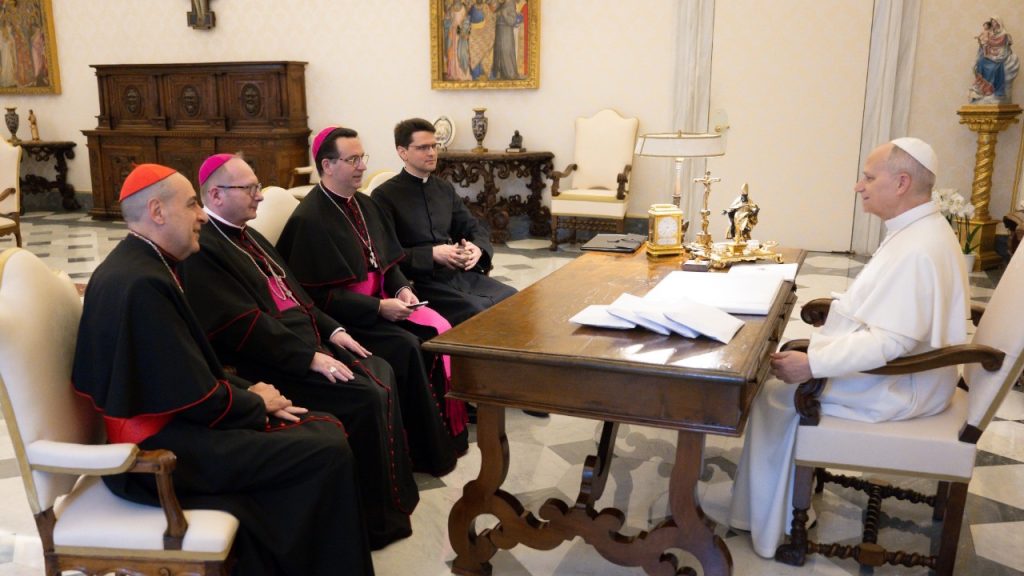 The Holy Father (r) with (l to r) Cardinal Fernandez, Bishop Waller, Bishop Lopes and the representative of Bishop Randazzo. Photo: Vatican News