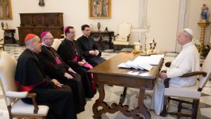The Holy Father (r) with (l to r) Cardinal Fernandez, Bishop Waller, Bishop Lopes and the representative of Bishop Randazzo. Photo: Vatican News